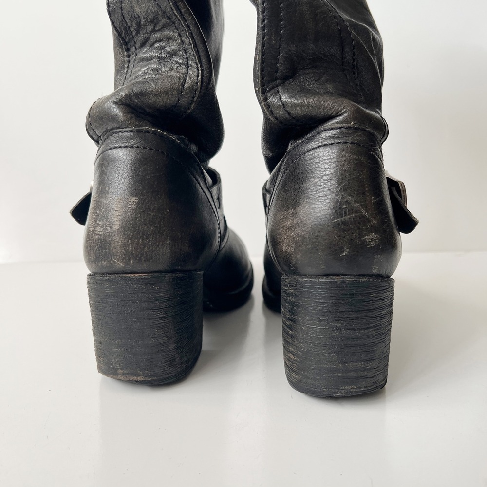 Vintage Frye Slouch Campus Boots Size 8 Black Leather Moto Biker Knee High Tall - Picture 5 of 14